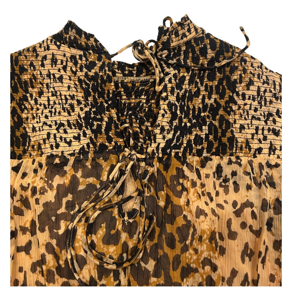 Free People Roma Smocked Animal Print Blouse | Leopard Combo / Brown | Size S - Picture 6 of 7
